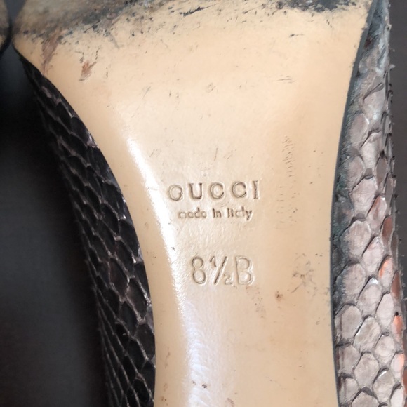 Gucci open toe horseshoe pumps, snake leather, bronze/silver size 8.5 high heel - Picture 11 of 14